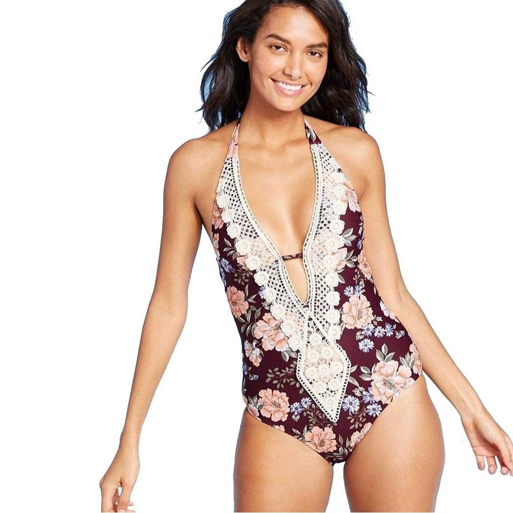 Large Kona sol one piece swimsuit lace front Plunge One-Piece burgundy crochet